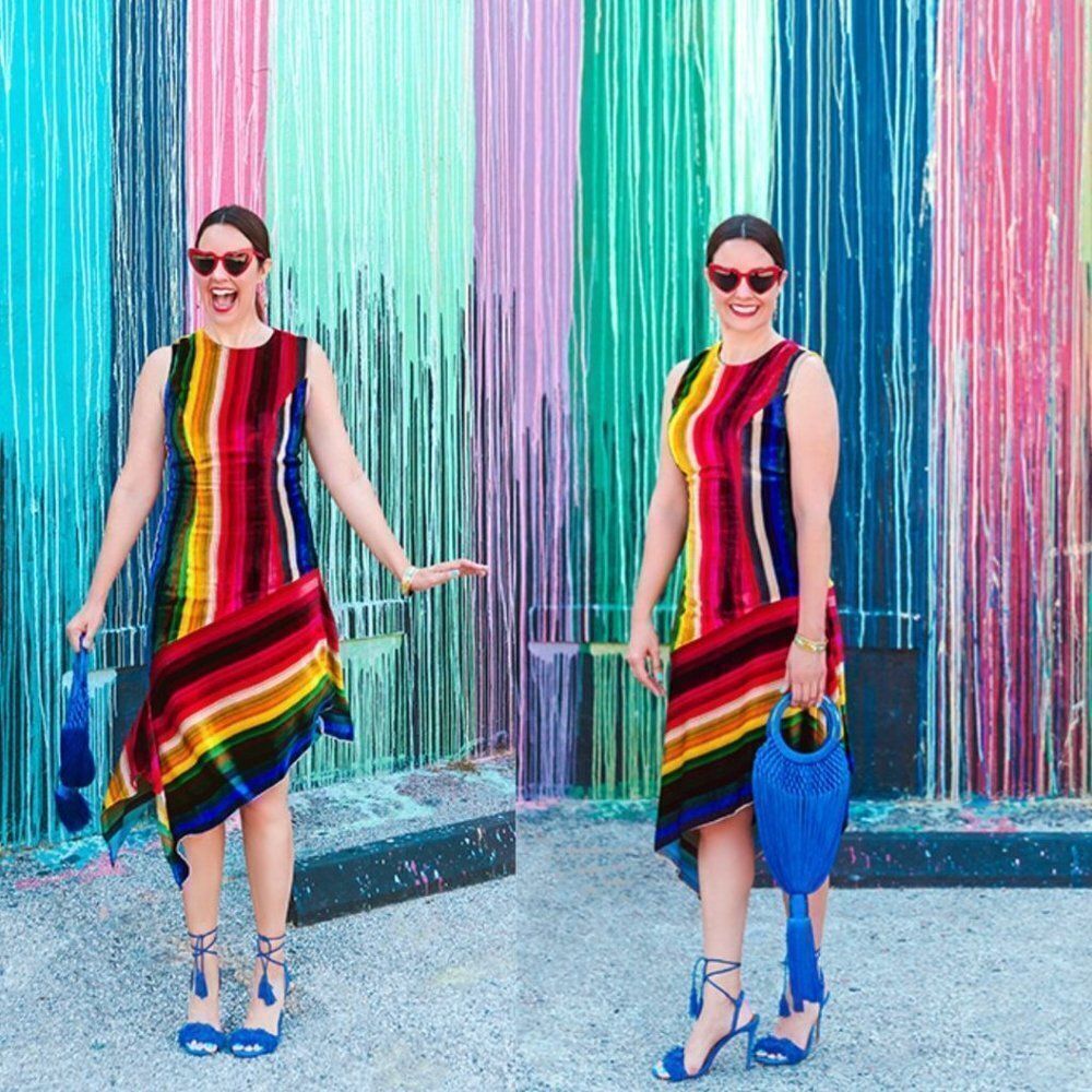 Milly Krista Velvet Multi-Colored Rainbow Striped Asymmetrical Hem Midi Dress